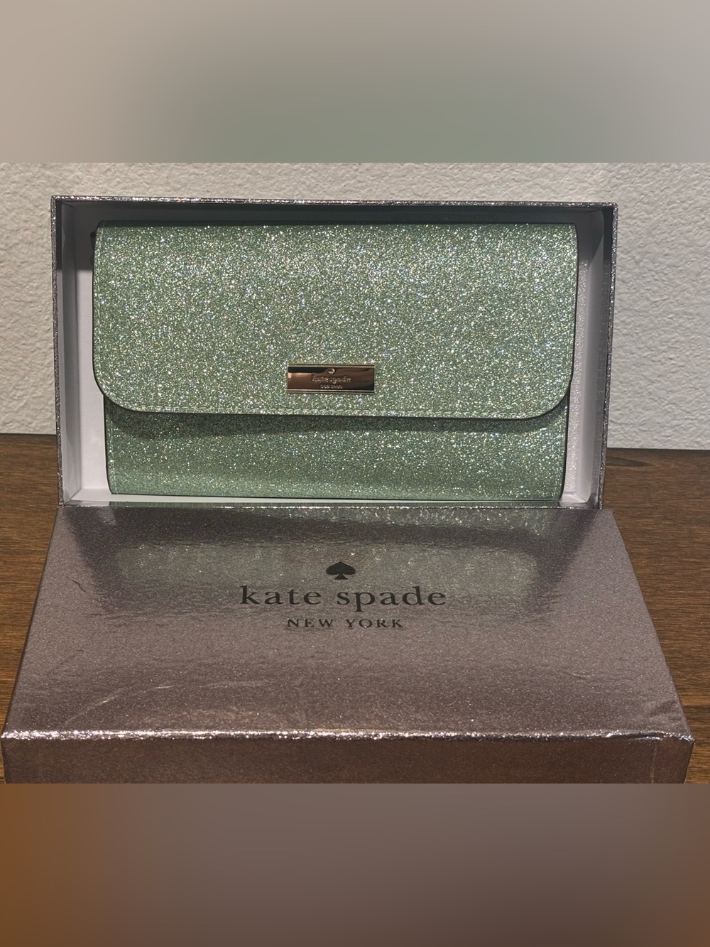 kate spade glitter mint green envelope wristlet/clutch with gold tone hardware
